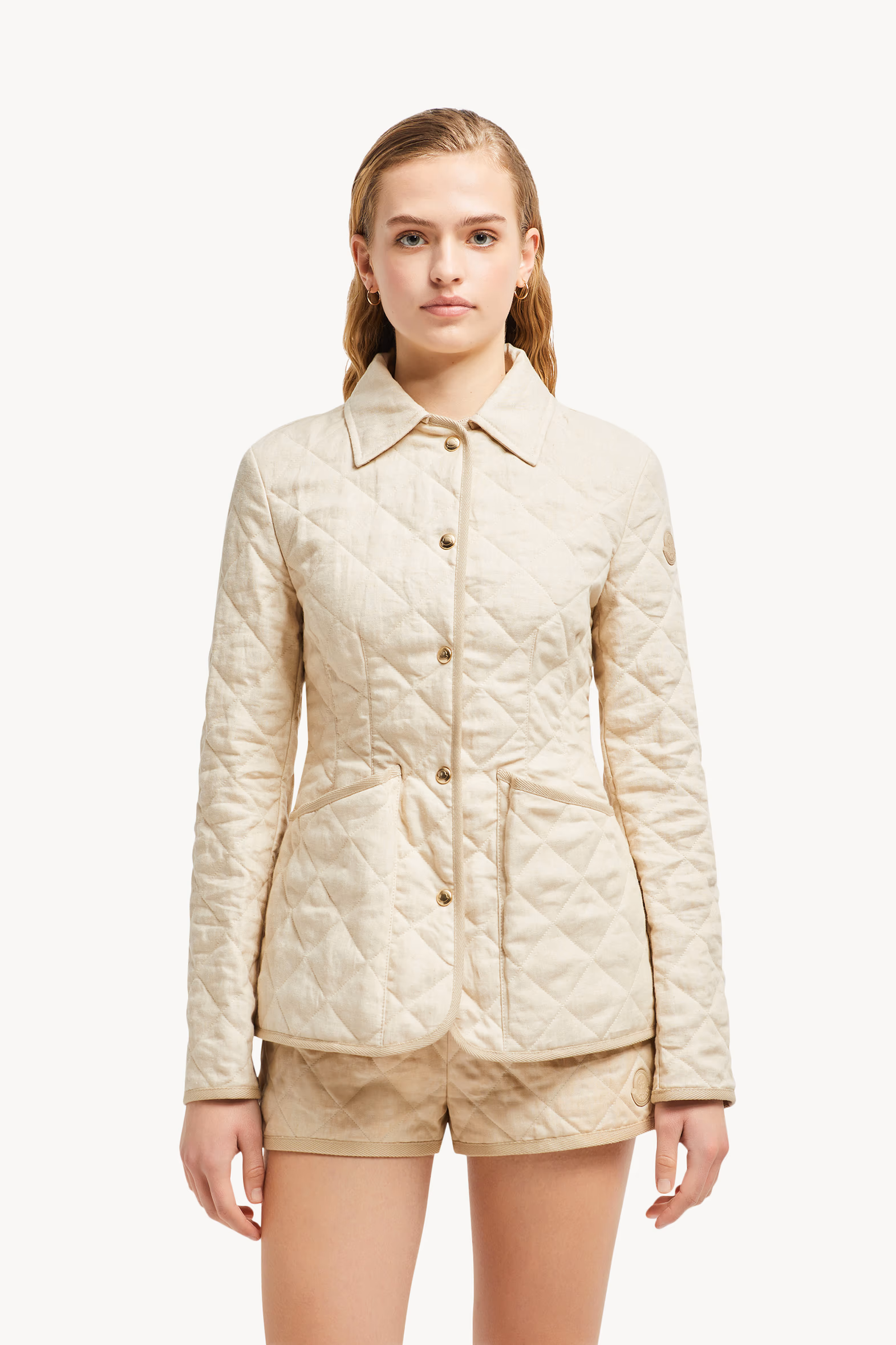 Chaqueta de lino acolchada con motivo de rombos Uzes Mujer Beige Claro Moncler 3